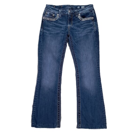 Miss Me Jean Womens 31x28, Tag 30x32 Blue Denim Bootcut Embellished Hemmed Up - Picture 2 of 16